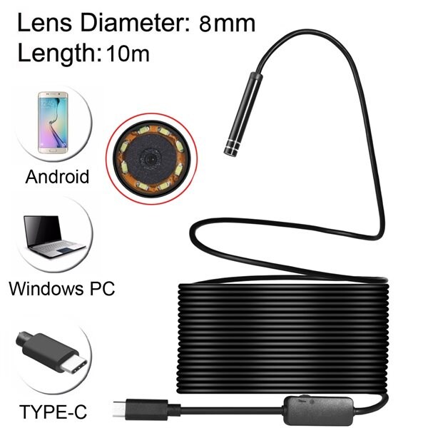 Inspektionskamera USB Typ-C med 8 LED & USB Adapter - 10 meter / 8mm