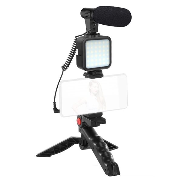 3i1-kamerapaket med mikrofon, ljus och tripod