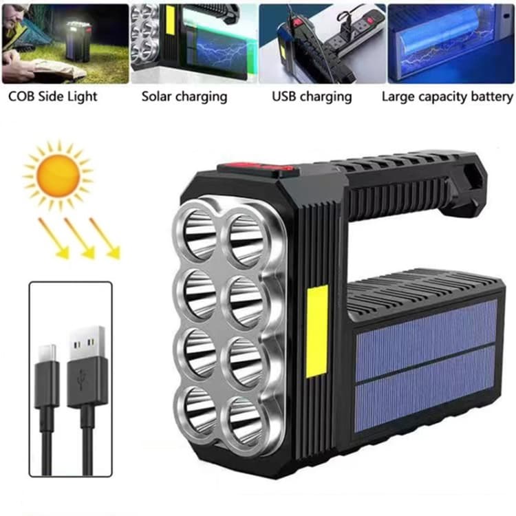 Kraftfull ficklampa med solceller och USB-laddare