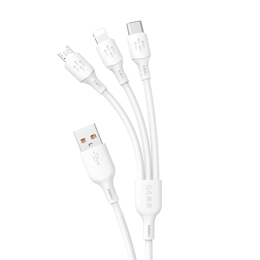 Dudao 3-i-1 USB-kabel - USB-C / microUSB / Lightning 6A 1,2m - Vit