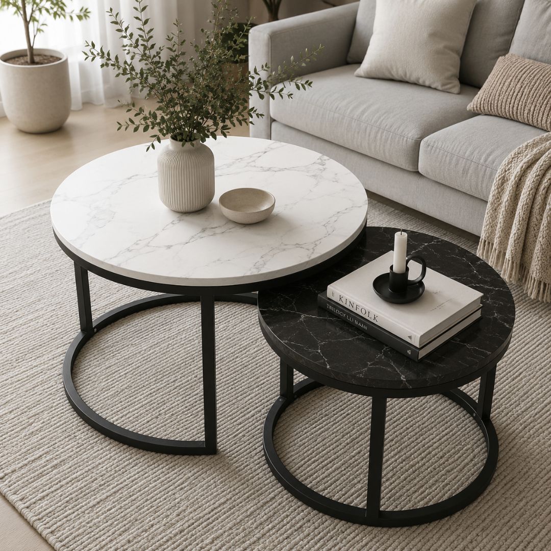 Elegant set med två runda soffbord - Vit/Svart
