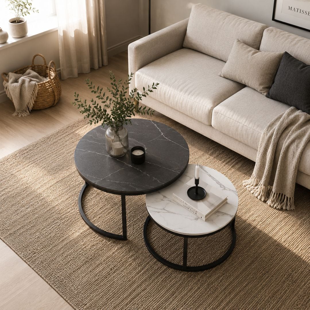 Stilrent set med två runda soffbord - Svart/Vit