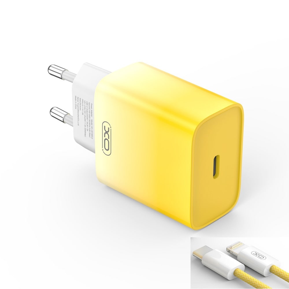 XO USB-C-laddare PD 30W med lightning-kabel - Gul/Vit