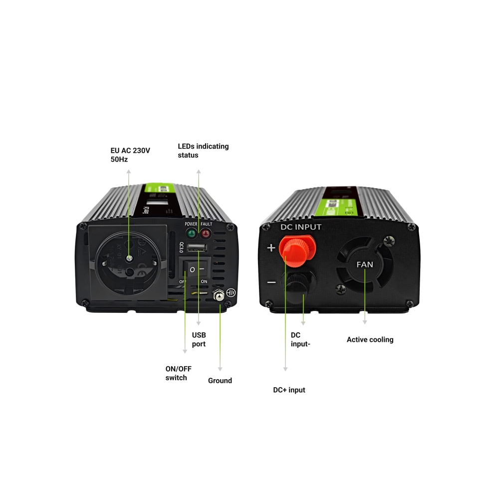 Green Cell LCD-spänningsomvandlare 12V 500W/1000W Ren sinus med display