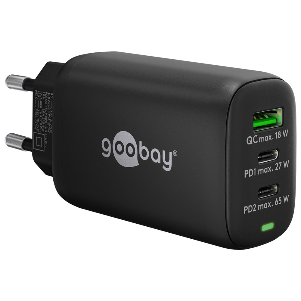 Goobay USB-Laddare med PD GaN 65W 1xUSB & 2xUSB-C - Svart