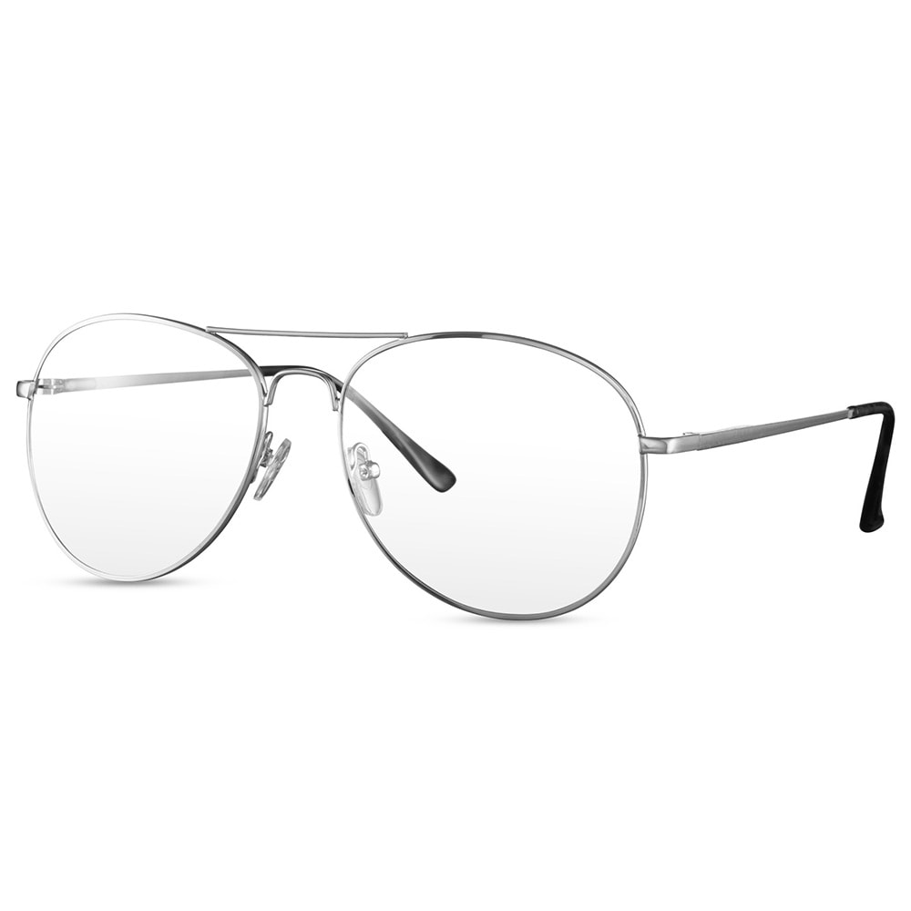 Glasögon med silverbåge och transparent lins
