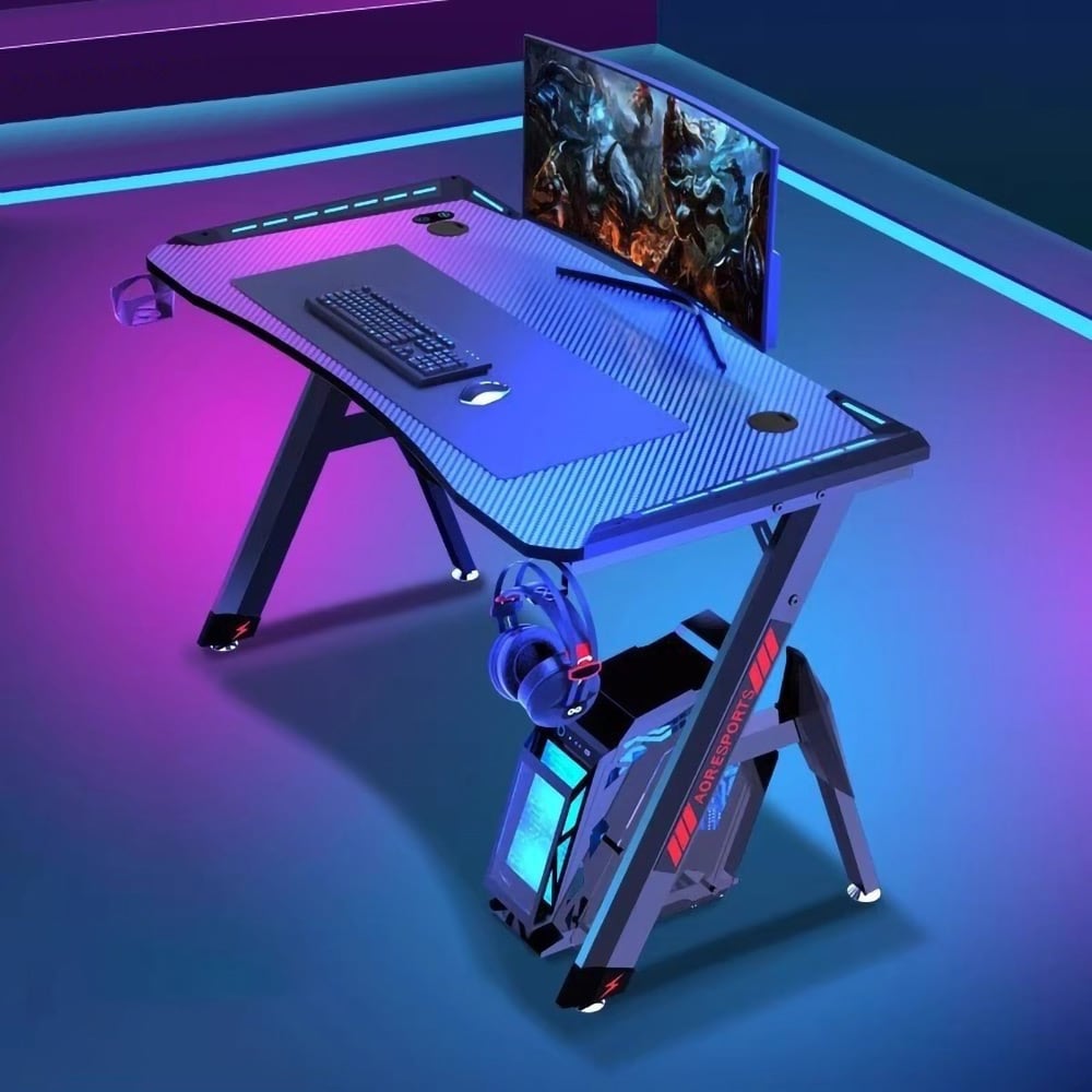 Gamingbord 140x60 cm / skrivbord för gaming / RGB-bord / datorbord med kolfibertextur