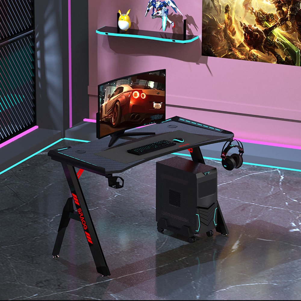 Gamingbord 140x60 cm / skrivbord för gaming / RGB-bord / datorbord med kolfibertextur