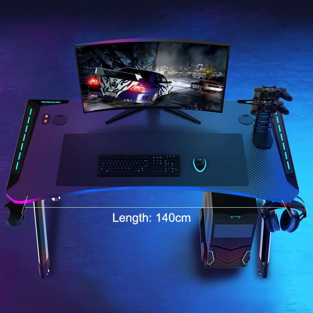 Gamingbord 140x60 cm / skrivbord för gaming / RGB-bord / datorbord med kolfibertextur