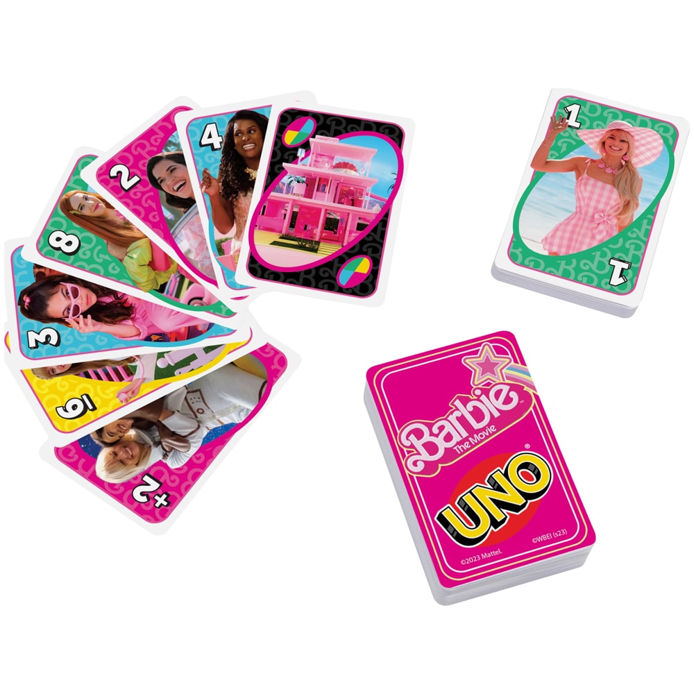 Uno med Barbie the Movie-inspirerade motiv
