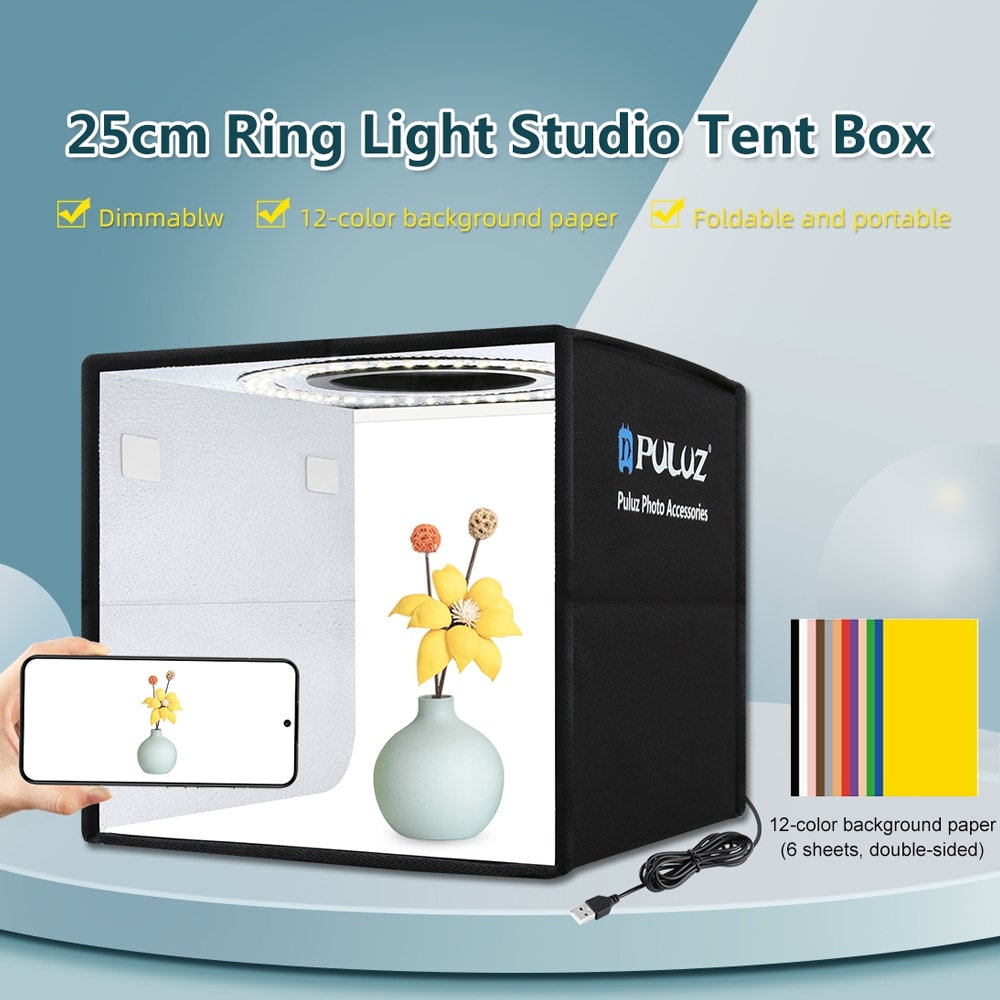 Fotostudio 25 cm med LED-ring för små produktfotograferingar