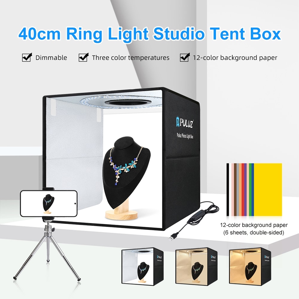 Fotostudio 40 cm med LED-ring för högkvalitativa produktbilder