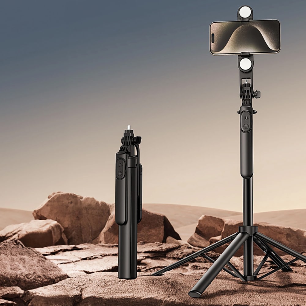 Selfie-stick med tripod, LED-lampor och teleskophandtag 1,75 m samt Bluetooth 5.2