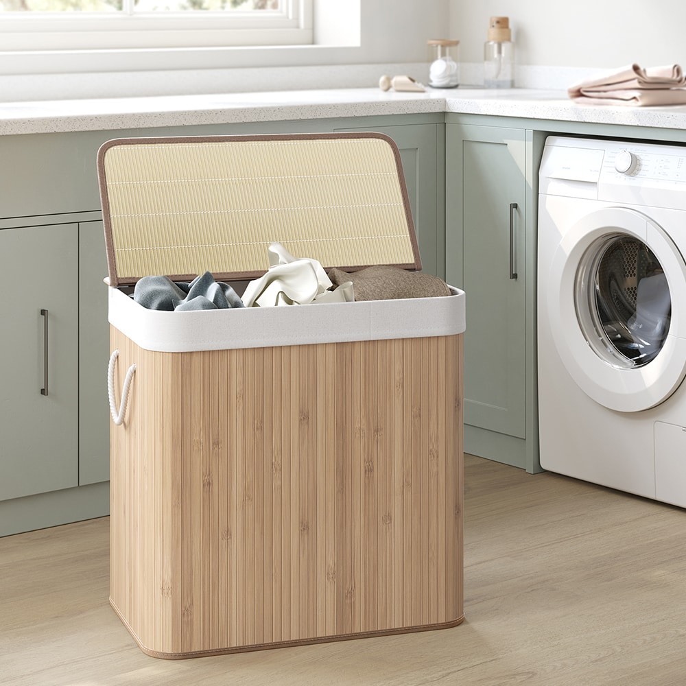Stor tvättkorg i bambu med lock och tre fack - 150 liter