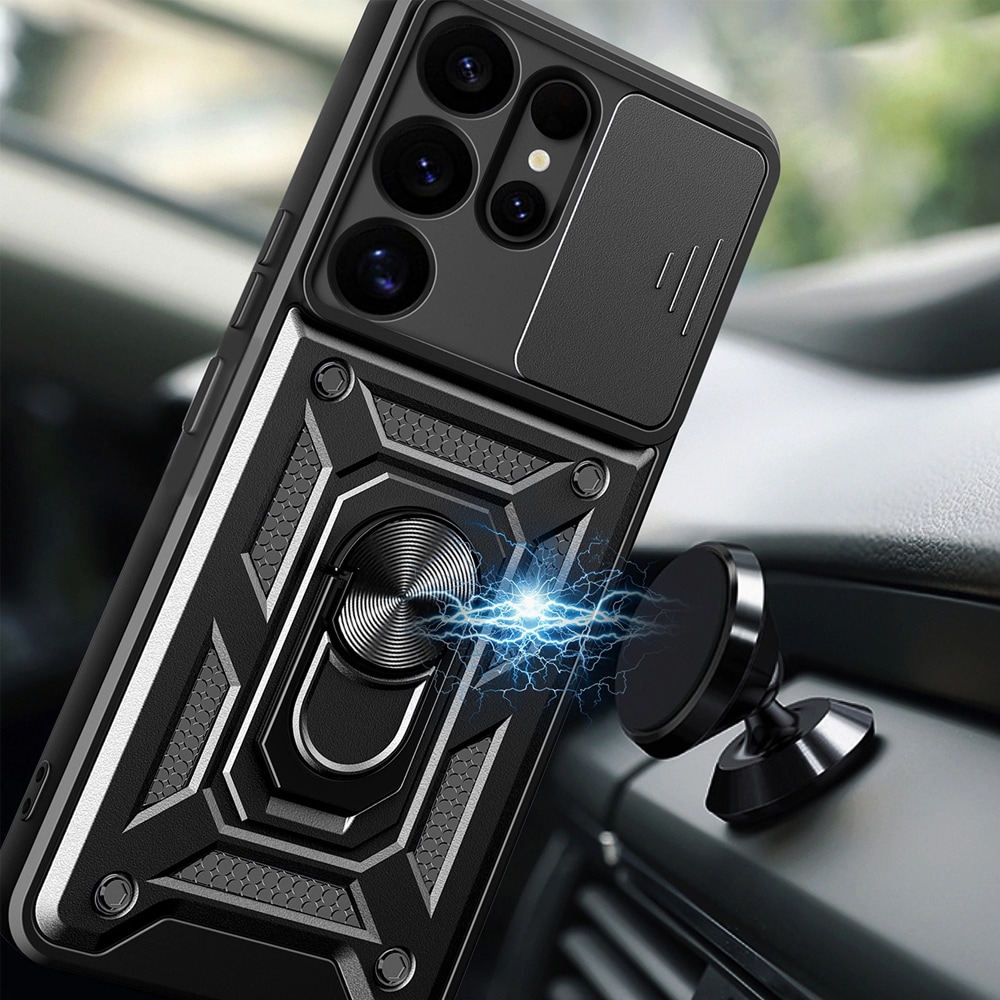 Hybrid Armor Camshield beskyttelsesskal med kamerabeskyttelse og mobilring til Samsung Galaxy S25+ - Sort