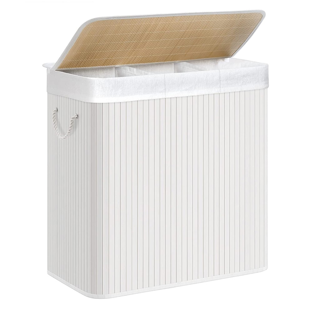 Vit tvättkorg med 3 fack och lock - 150 liter