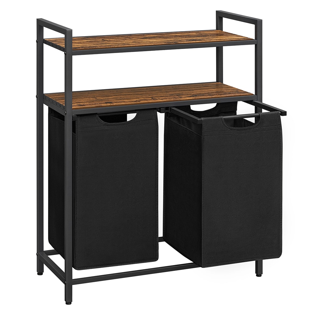 Badrumshylla med dubbel tvättkorg - Svart / Brun