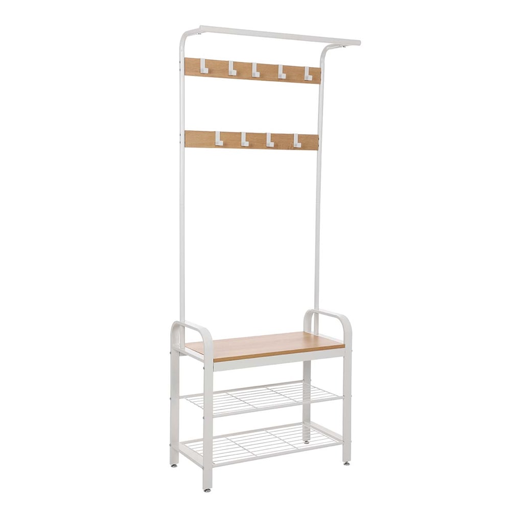 Klädhängare med sittbänk och skohylla - Vit/Ek