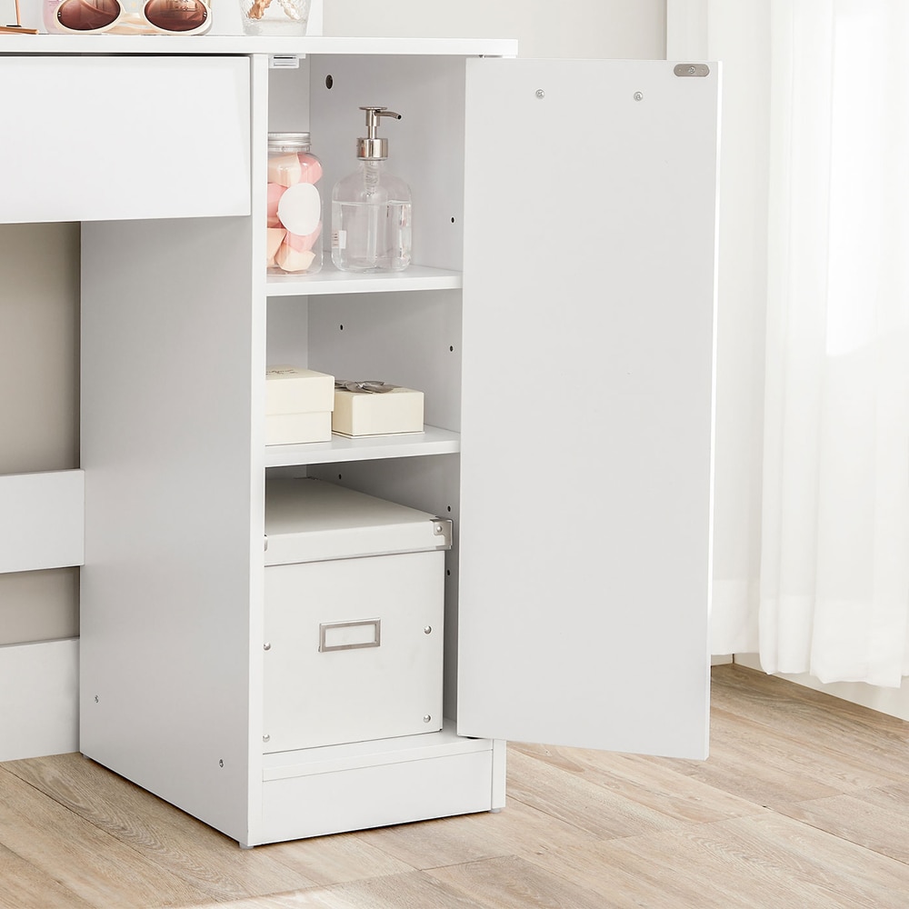 Sminkbord med spegel, hyllor och förvaringsskåp