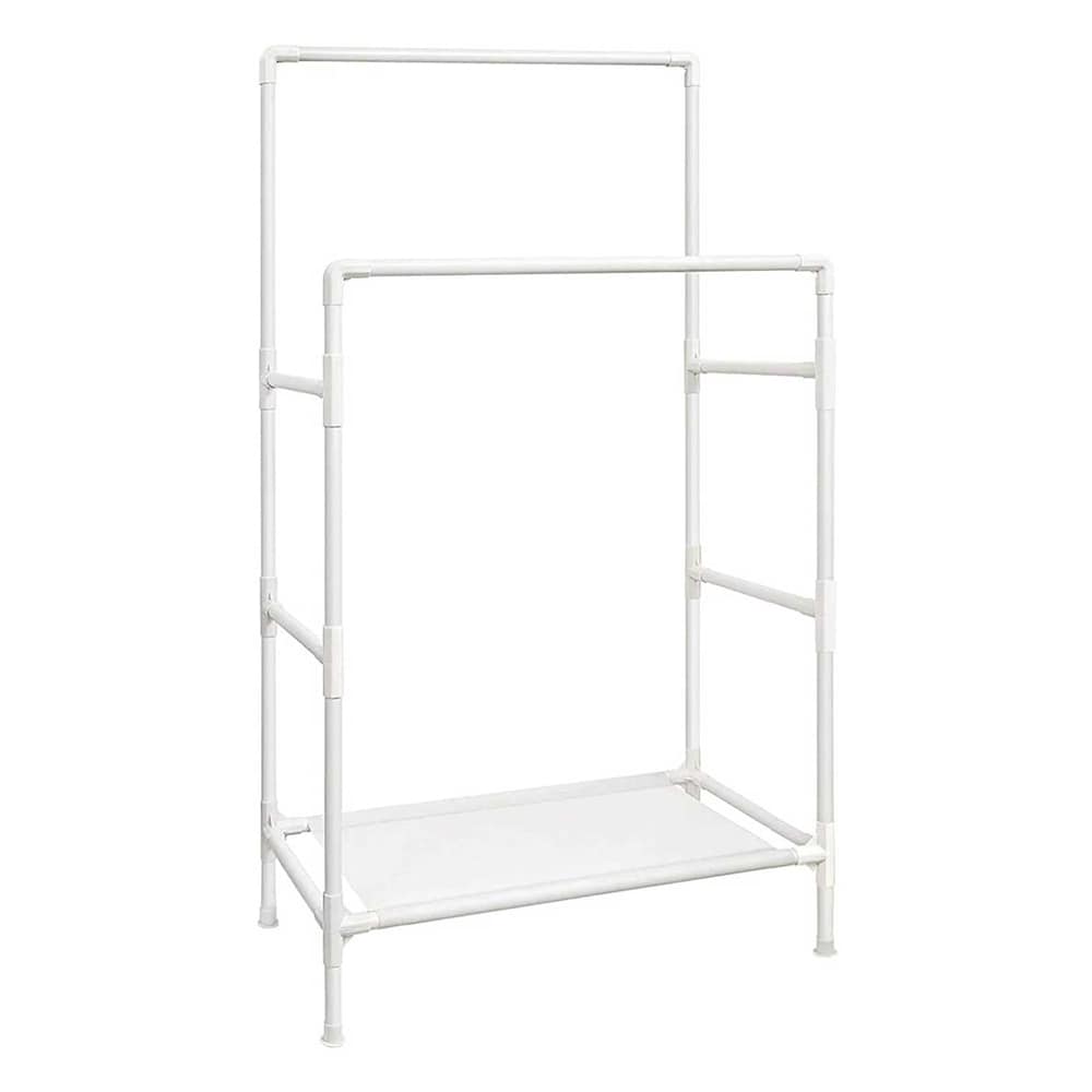 Klädställning med 2 klädstänger och förvaringshylla i vit metall