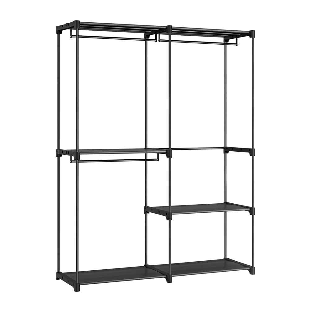 Klädställ med 3 klädstänger och öppna hyllor i svart stål