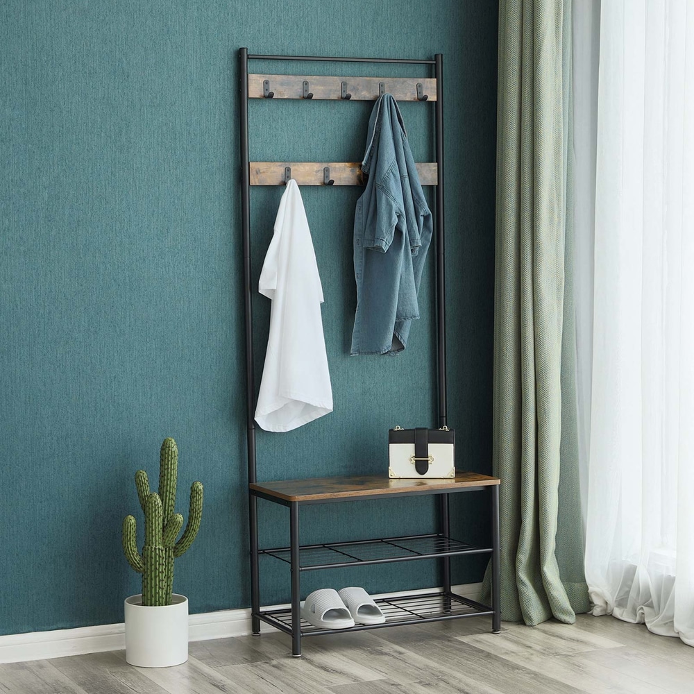 Klädhängare med bänk och skohylla i industriell design – 177 cm