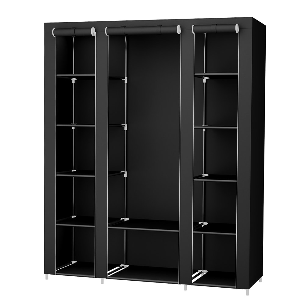 Portabel garderob 175 x 150 x 45 cm – med klädstång och hyllor i svart tyg