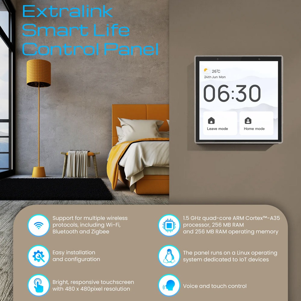 Smart kontrollpanel med touchskärm, Wi-Fi, Bluetooth och Zigbee för väggmontering
