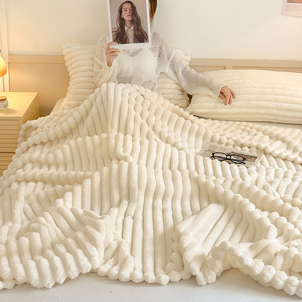 Stor filt 200 x 230 cm / rabbit-fleece pläd / mjuk soffpläd / sängfilt offwhite