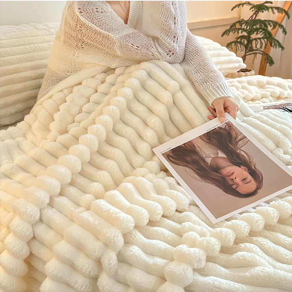 Stor filt 200 x 230 cm / rabbit-fleece pläd / mjuk soffpläd / sängfilt offwhite