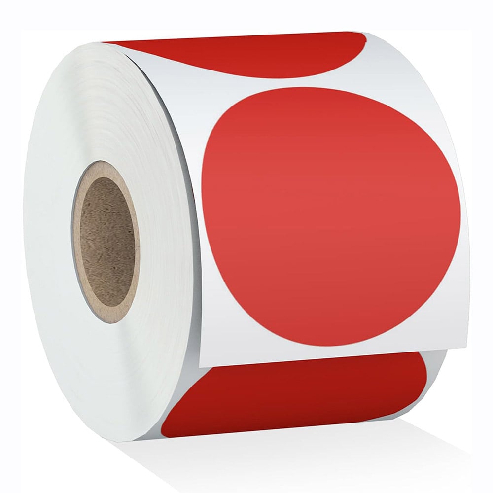 Etikettrulle med runda röda etiketter 50 mm – 600 etiketter per rulle
