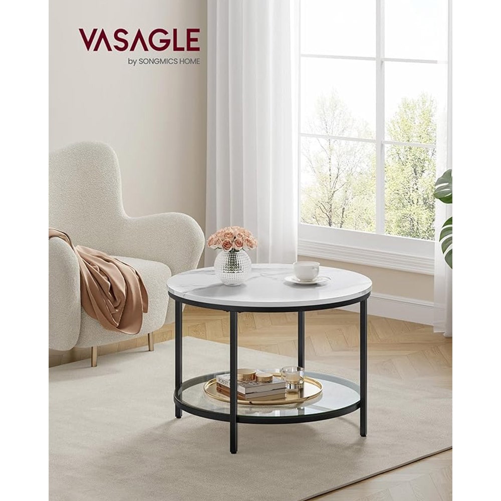 Runt Soffbord i marmorlook med glaskiva undertill - Vit/Svart