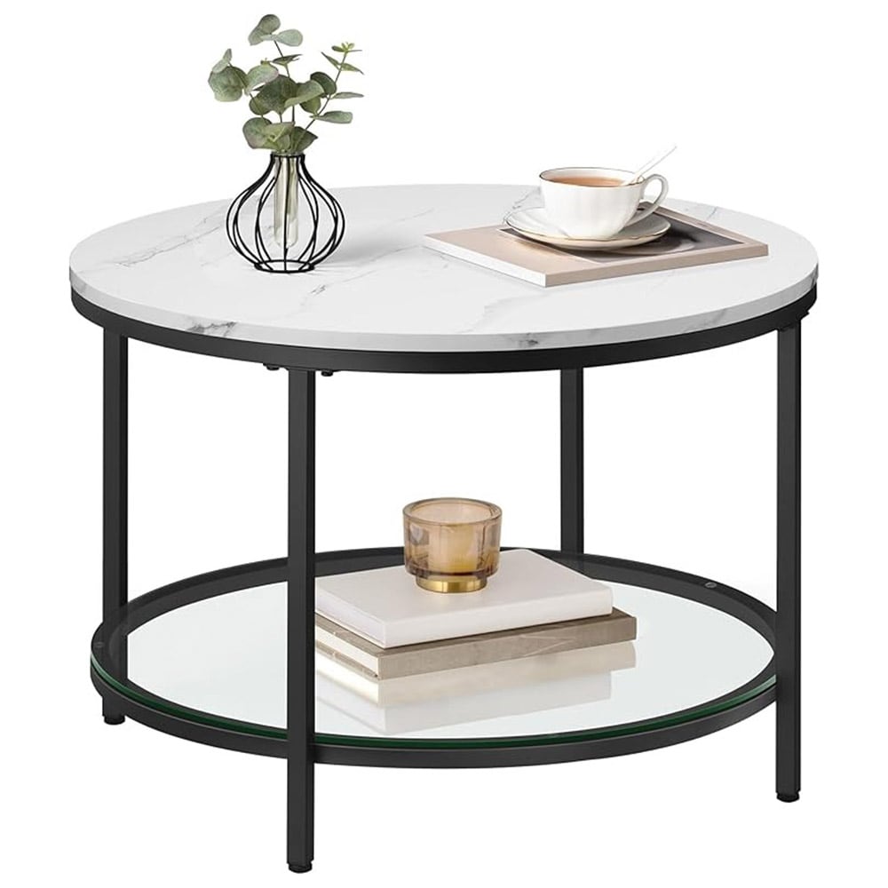 Runt Soffbord i marmorlook med glaskiva undertill - Vit/Svart