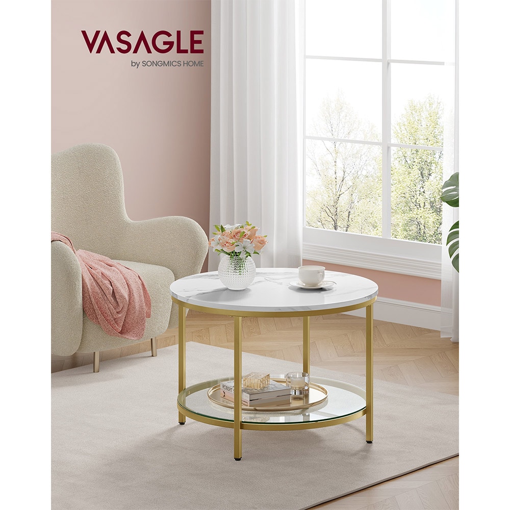 Runt Soffbord i marmorlook med glaskiva undertill - Vit/Guld