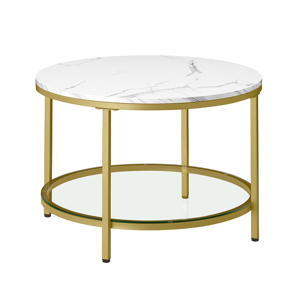 Runt Soffbord i marmorlook med glaskiva undertill - Vit/Guld