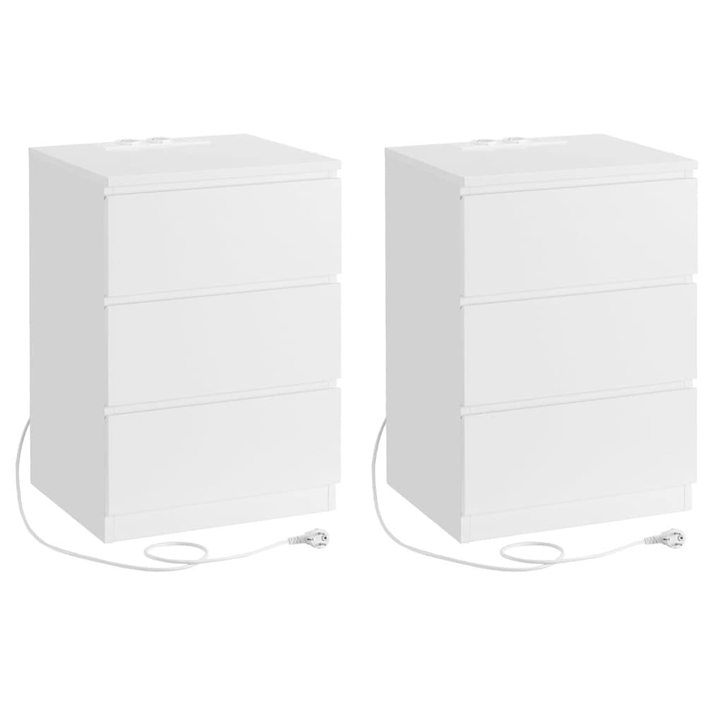 Sängbord med 3 lådor, El- och USB-uttag 2-pack - Vit