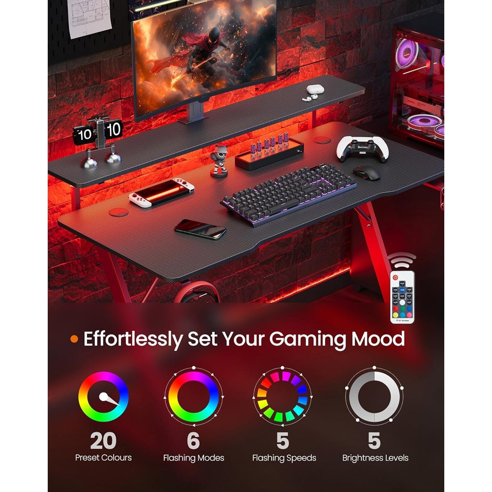 Gamingbord med LED-belysning 120x55x90,5cm - Röd/Svart