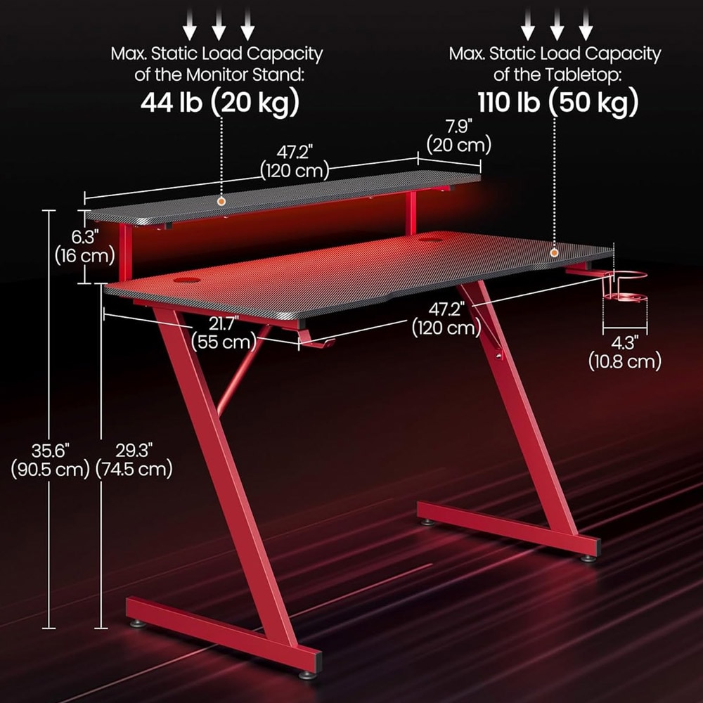 Gamingbord med LED-belysning 120x55x90,5cm - Röd/Svart