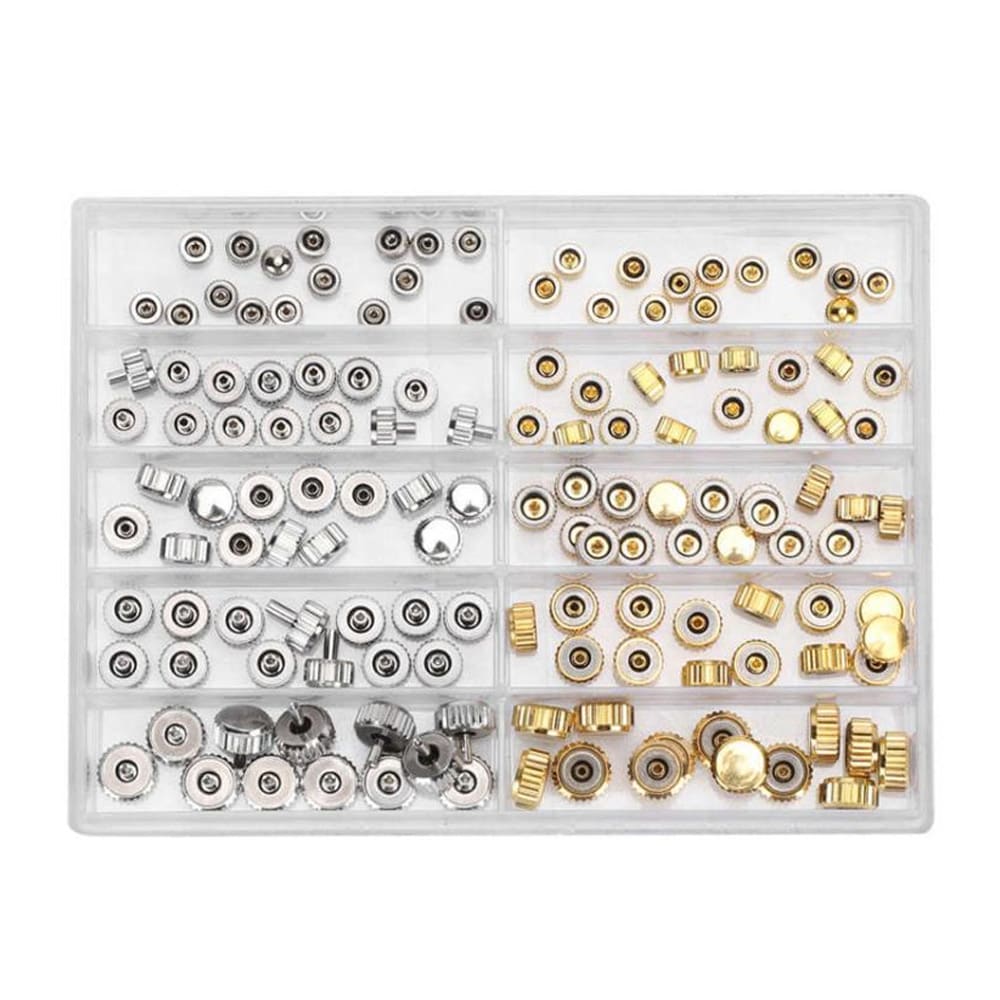 Sortimentslåda med 130 klockkronor i olika storlekar och färger