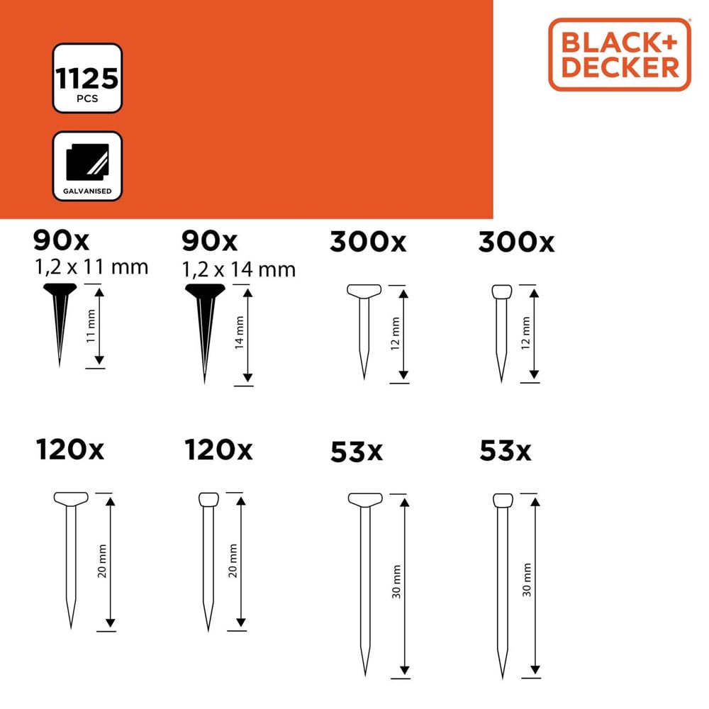 Black+Decker galvaniserede søm og kroge - 1125 stk
