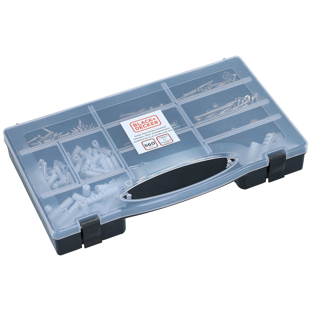 Black+Deckers låda med skruv, plugg och spik – 560 delar