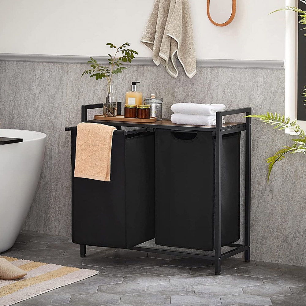 Tvättkorg med 2 utdragbara och avtagbara tvättpåsar 2x46L - Svart