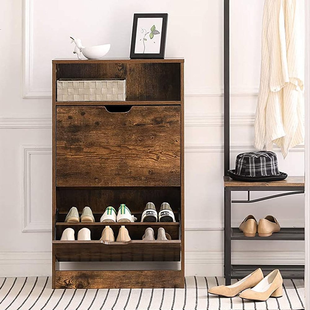 Skoskåp med fällbara luckor och öppet fack 60 x 24 x 102 cm - Rustik Brun