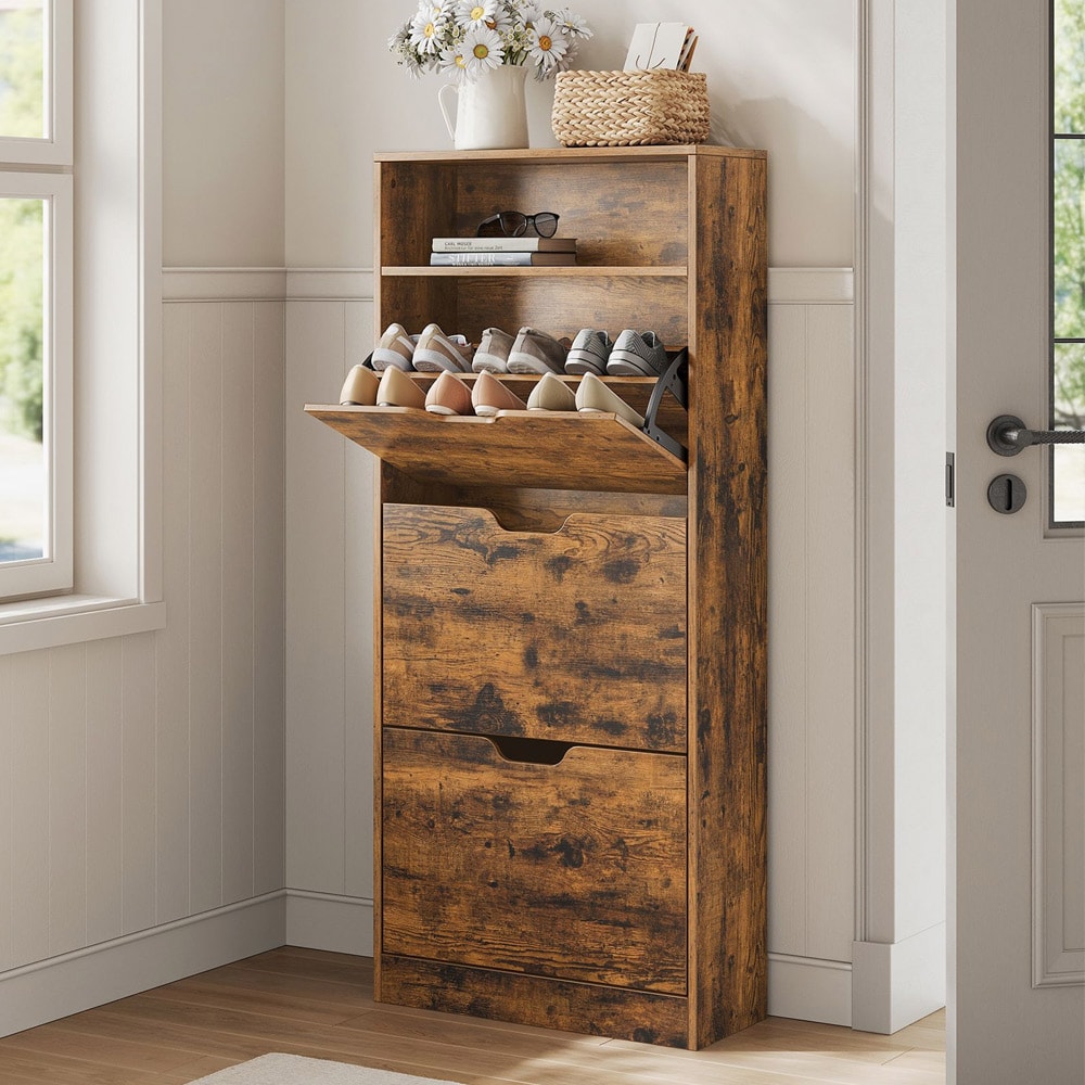 Skoskåp med 3 klaffar och öppet fack 60 x 24 x 139 cm - Rustik Brun