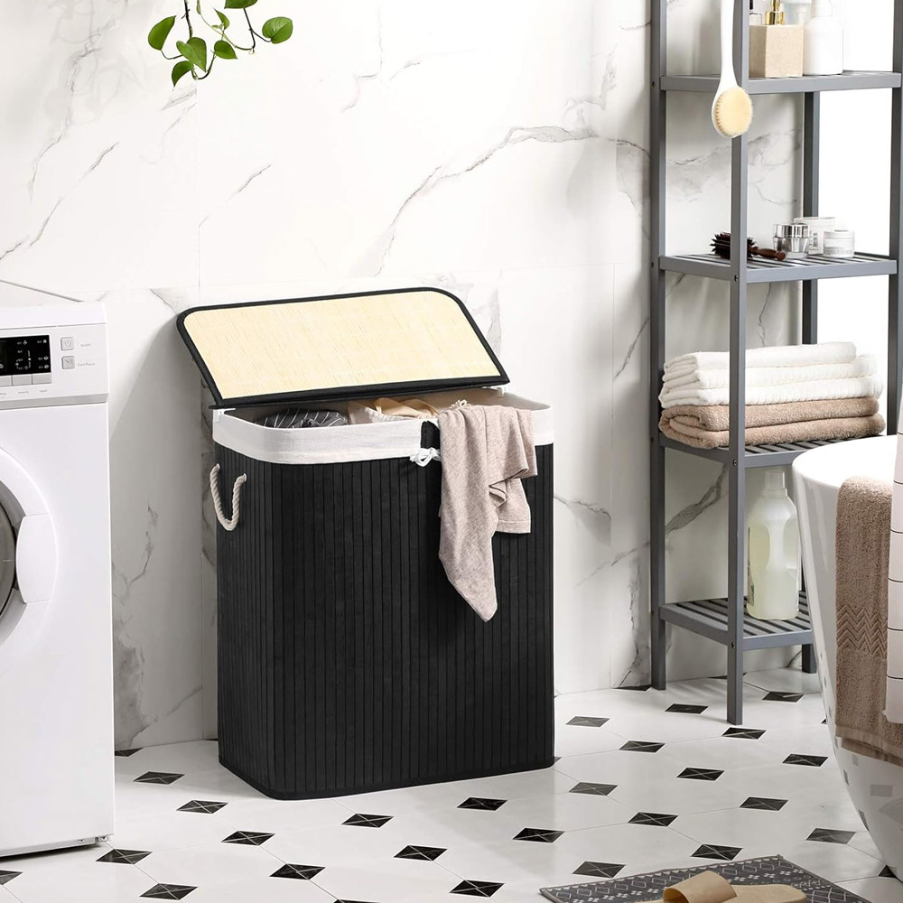 Tvättkorg i bambu med 2 fack och lock 100L - Svart