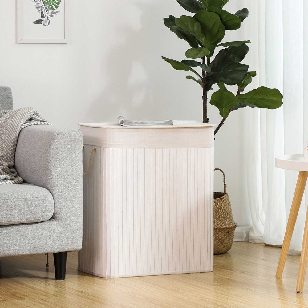 Tvättkorg i bambu med 2 fack och lock 100L - Vit