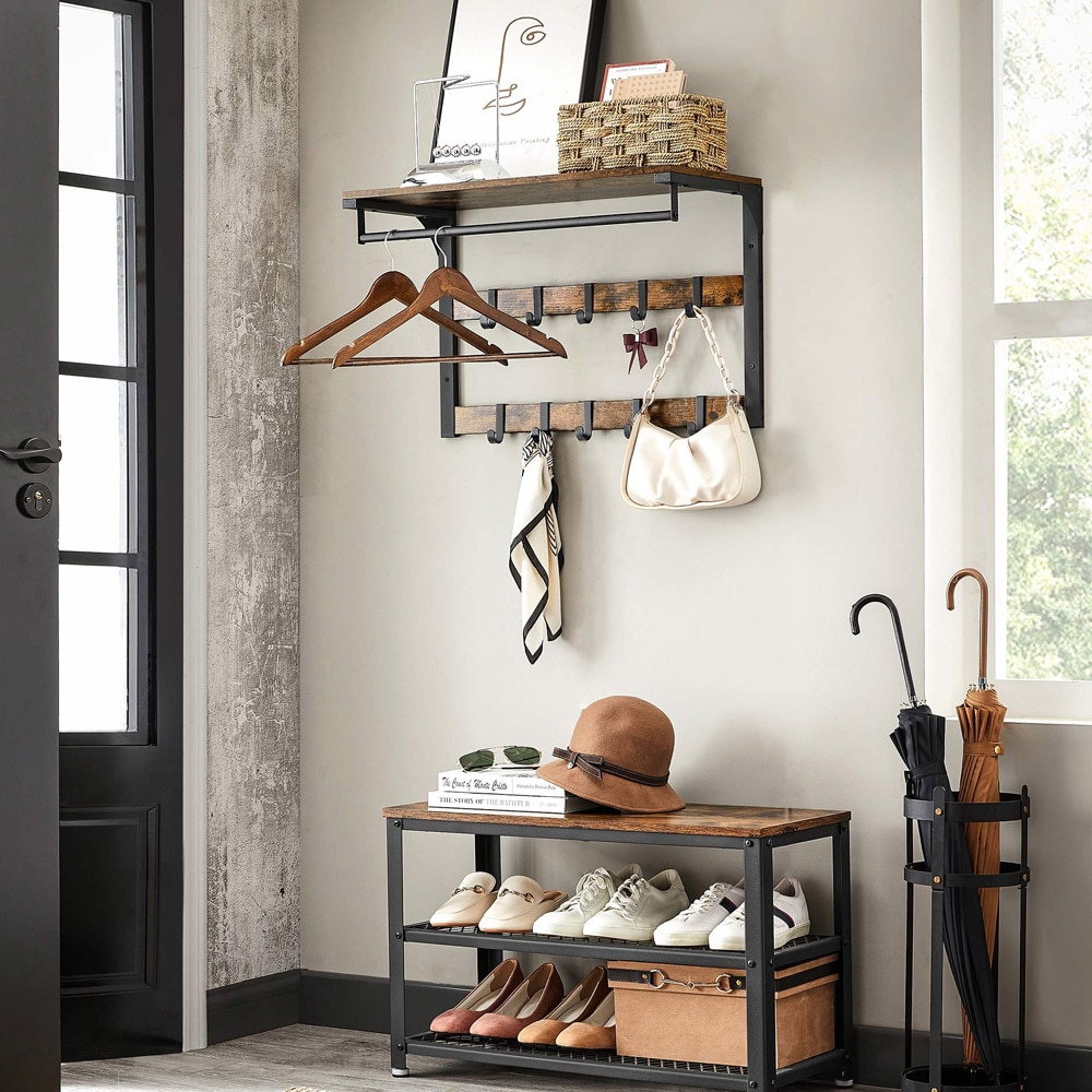 Väggmonterad klädhängare med hylla, krokar och klädstång - Rustik Brun/Svart