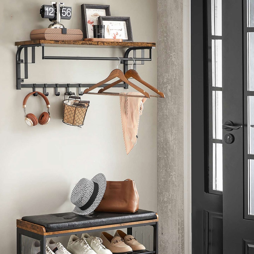 Väggmonterad klädhängare med hylla, 5 krokar och hängskena - Rustik Brun/Svart
