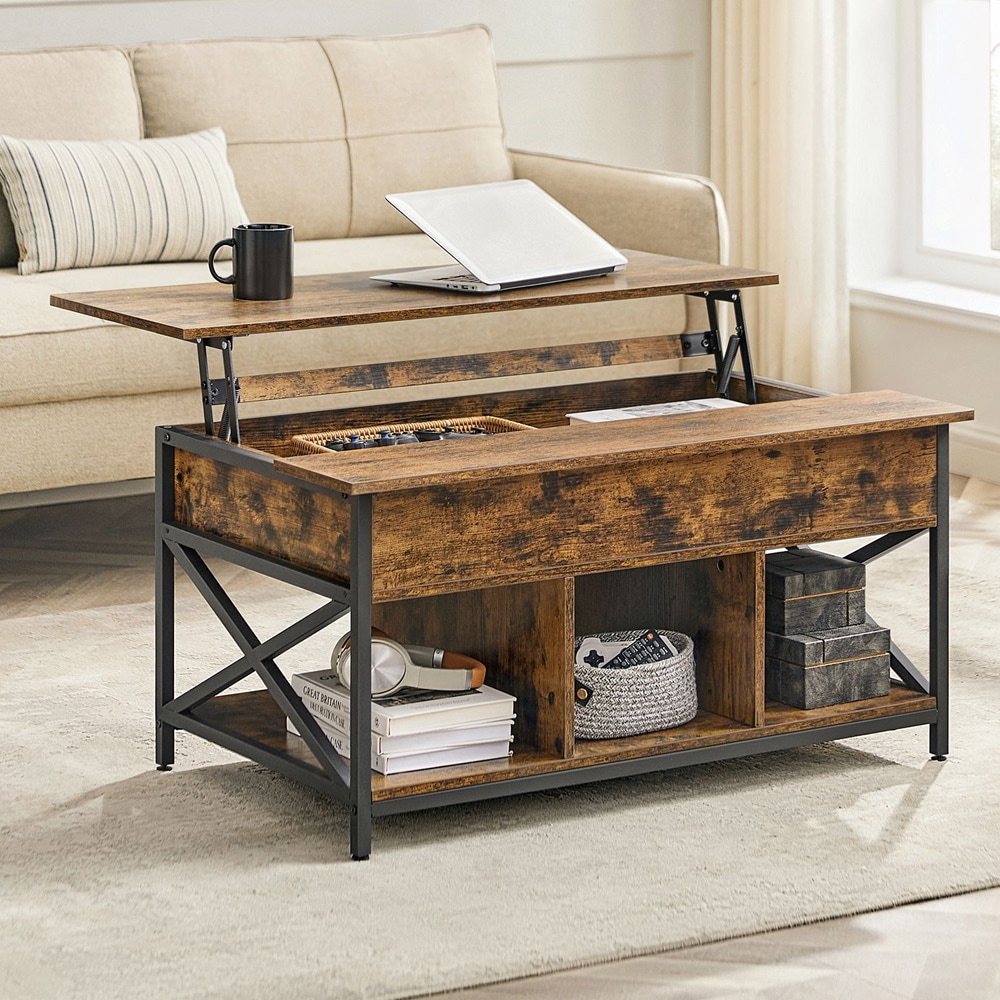 Soffbord med lyftbar bordsskiva och öppen/dold förvaring, 60 x 100 x (48-62) cm - Rustik brun / svart