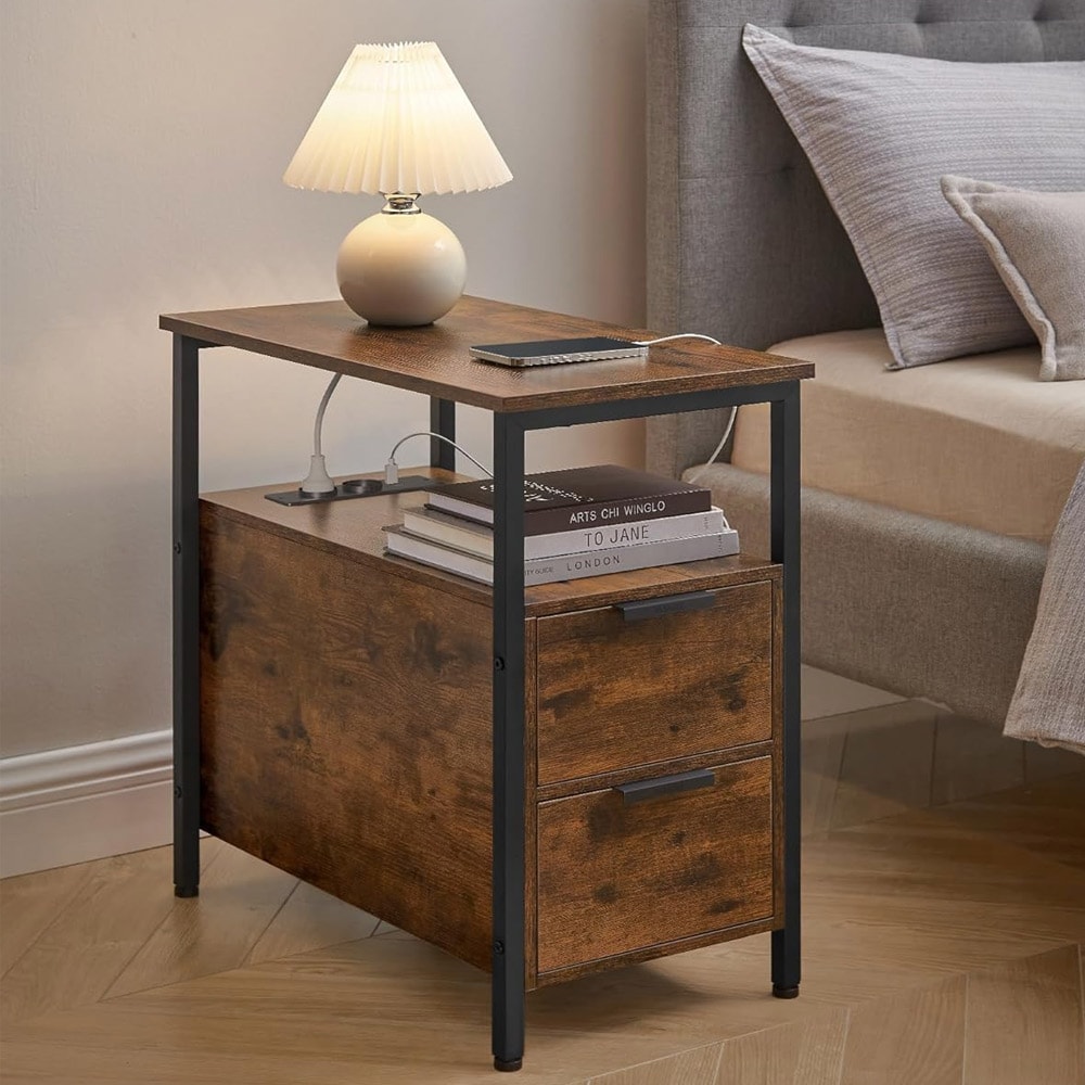 Nattduksbord med eluttag och 2 lådor - Rustik brun/svart